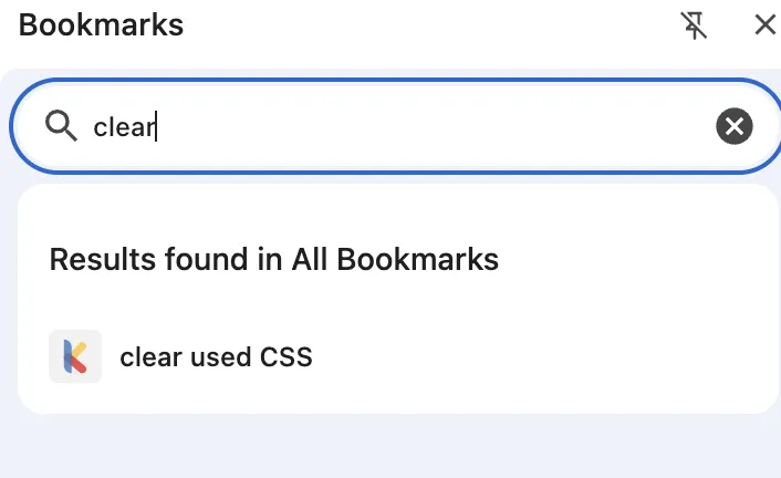 A browser bookmark search showing a saved bookmark named “clear used CSS”