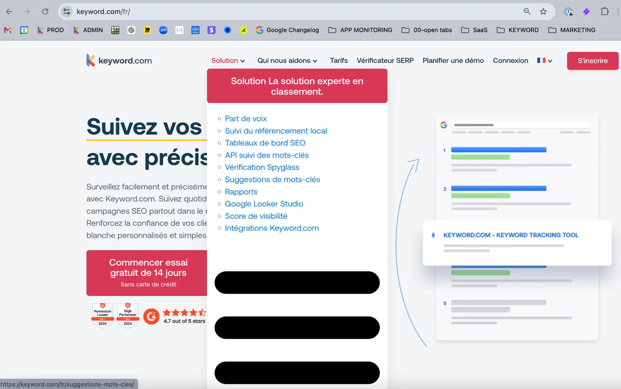 Our French homepage in production with its mega-menu unstyled — a bare bulleted list and black bars