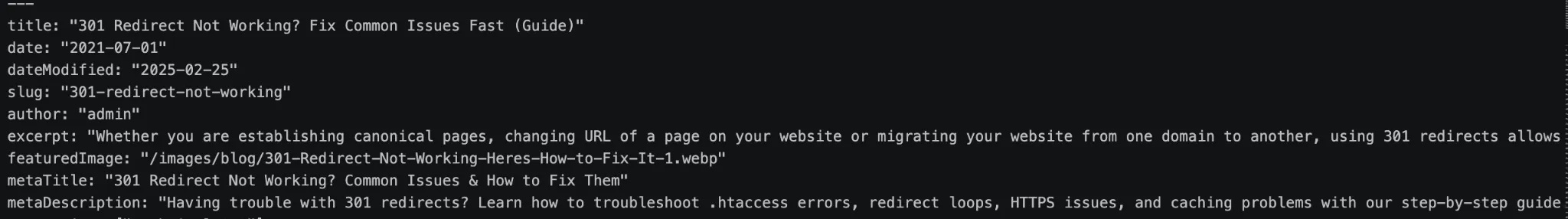 A post’s frontmatter in code: title, date, slug, excerpt, featuredImage, metaTitle and metaDescription fields