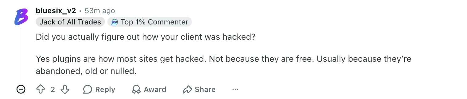 A Reddit comment explaining that plugins are how most sites get hacked — usually because they are abandoned, old or nulled