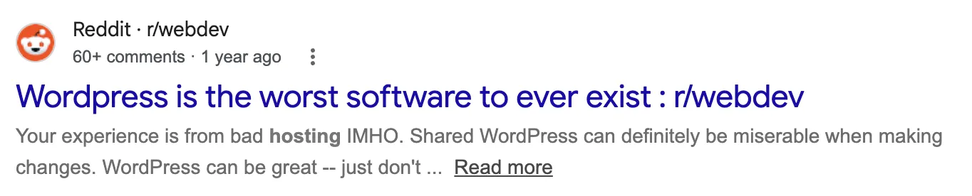 A Reddit result titled “Wordpress is the worst software to ever exist” in r/webdev