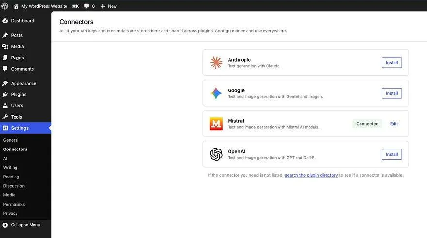 The WordPress admin Connectors settings screen, listing Anthropic, Google, Mistral and OpenAI